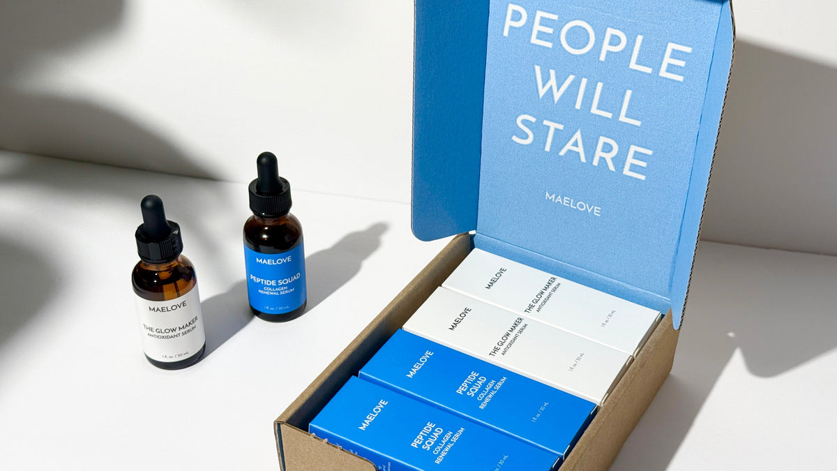 Maelove Glow Maker vitamin C serum and Peptide Squad collagen renewal serum beside the branded box